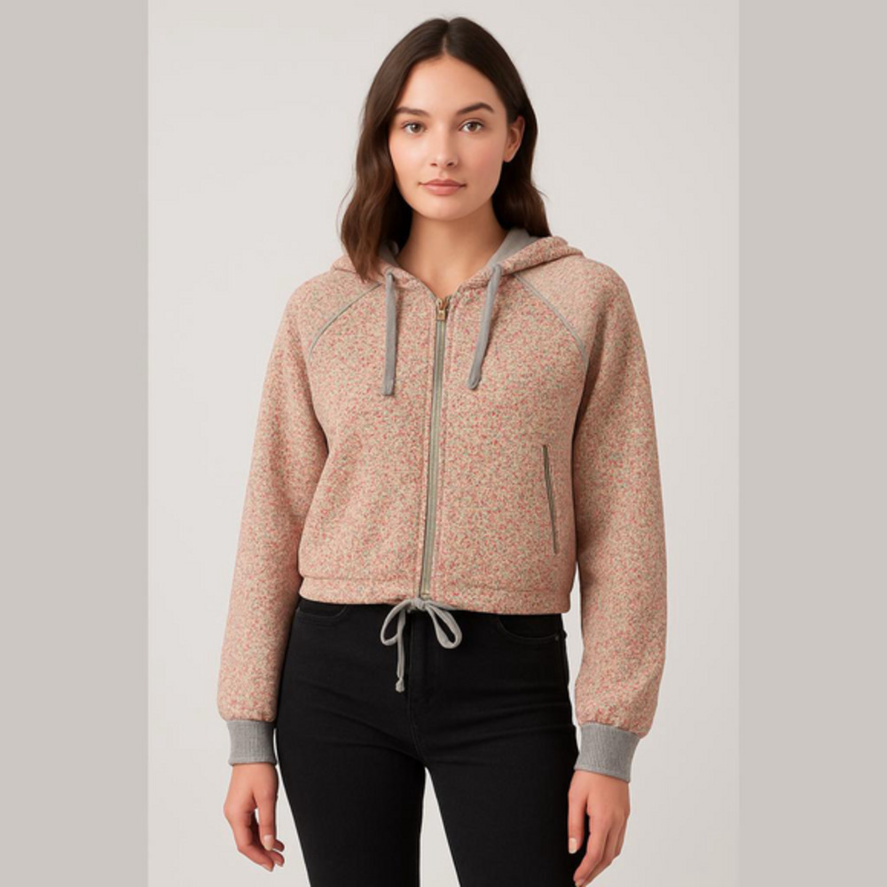 Free People Waffle Texture Hooded Zip up Jacket size Extra Small xs Floral